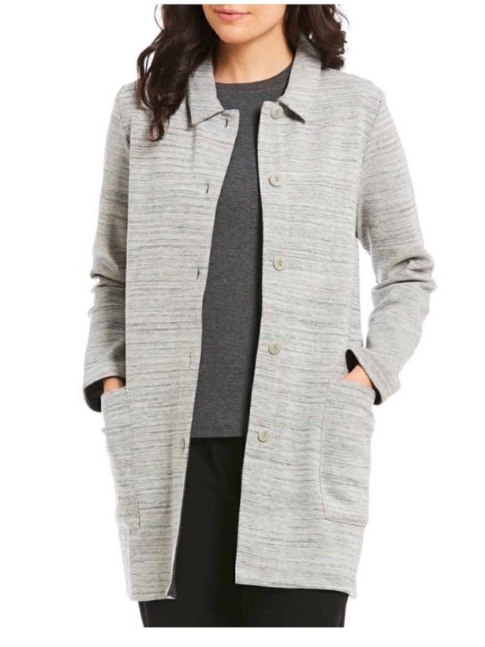 Eileen Fisher Chevron Knit Long Duster Button Front Textured Jacket Shacket L